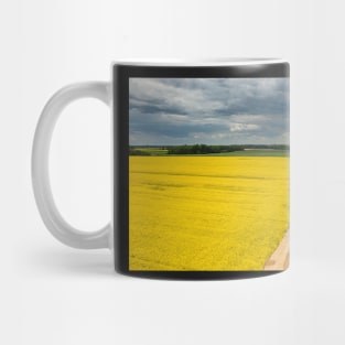 Agricultural landscape, fields of yellow colza under moody cloudy sky Mug